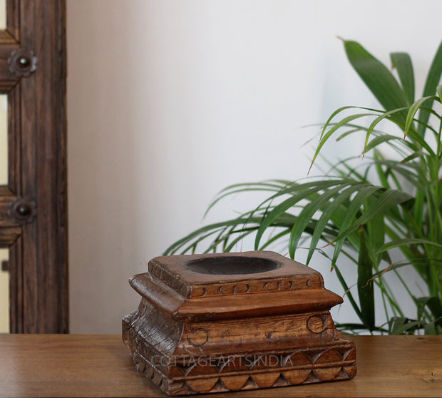 Vintage Teak Wood Haveli Pillar Base | Reclaimed Wooden Pedestal Stand