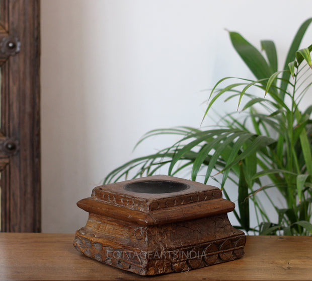Vintage Teak Wood Haveli Pillar Base | Reclaimed Wooden Pedestal Stand