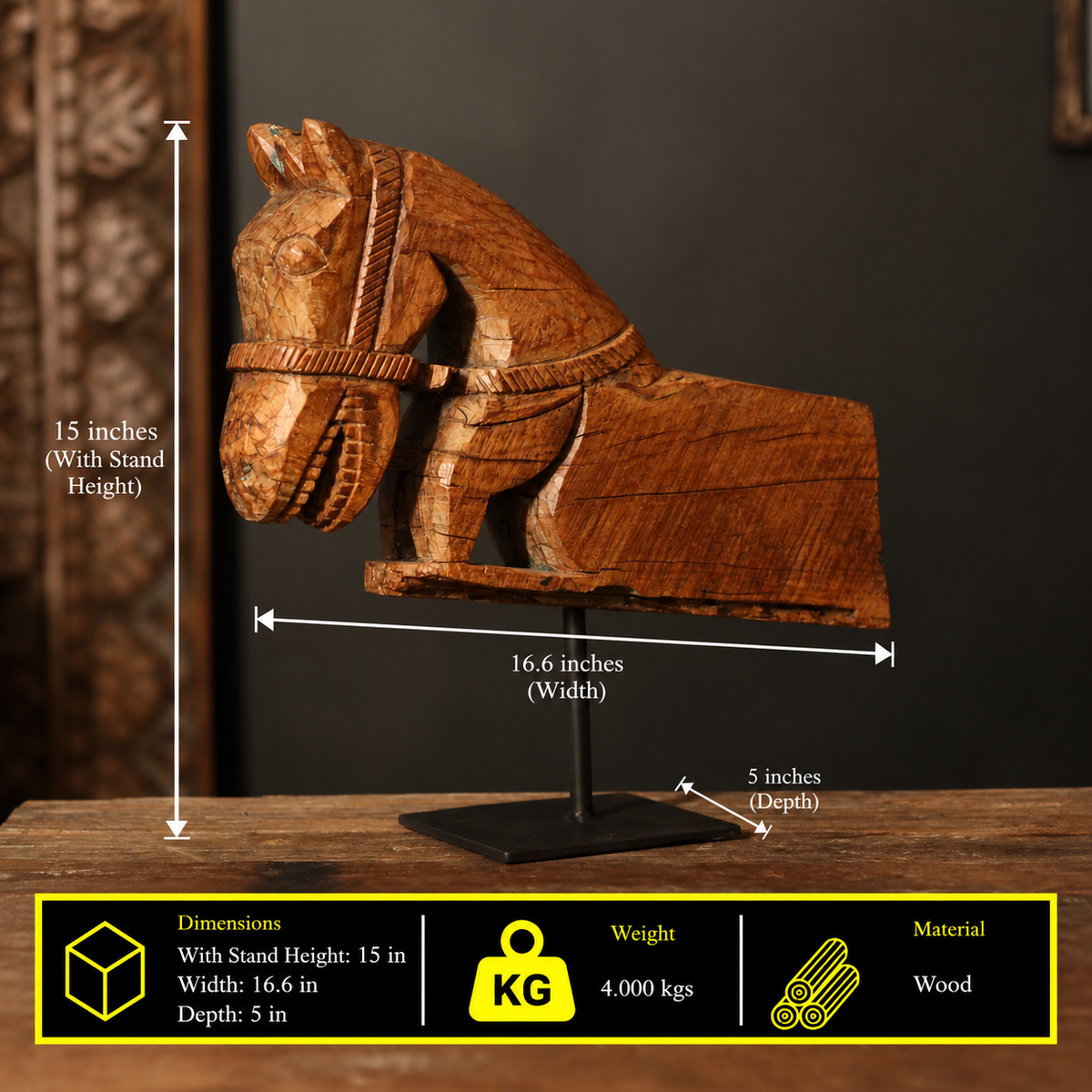 Vintage Hand-Carved Teak Wood Horse