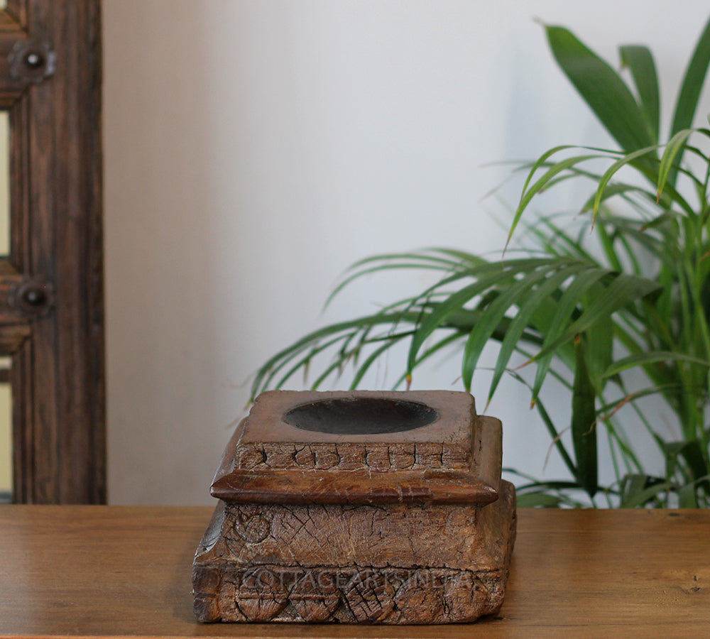 Vintage Teak Wood Haveli Pillar Base | Reclaimed Wooden Pedestal Stand