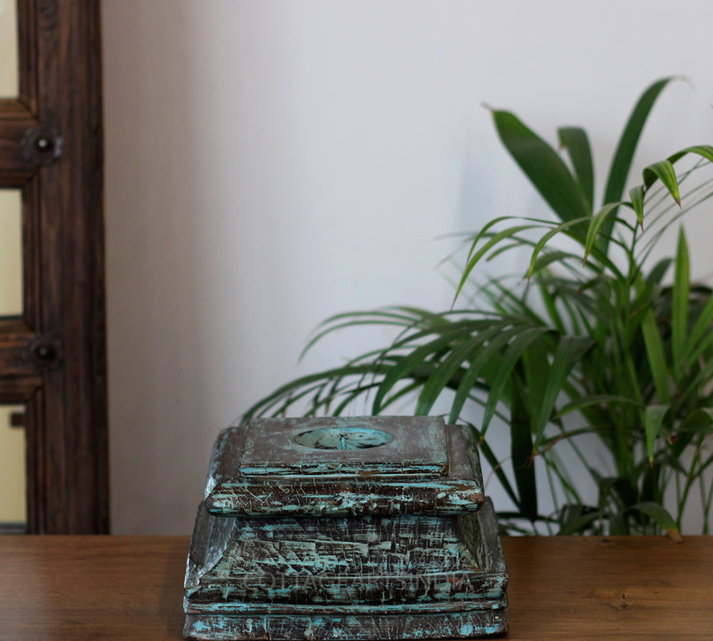 Vintage Teak Wood Haveli Pillar Base | Reclaimed Wooden Pedestal Stand