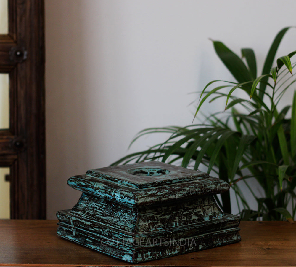 Vintage Teak Wood Haveli Pillar Base | Reclaimed Wooden Pedestal Stand