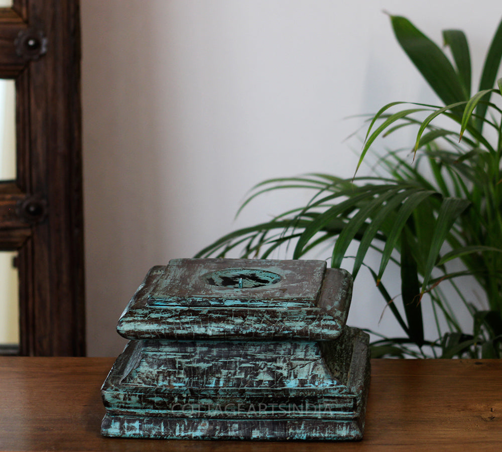 Vintage Teak Wood Haveli Pillar Base | Reclaimed Wooden Pedestal Stand