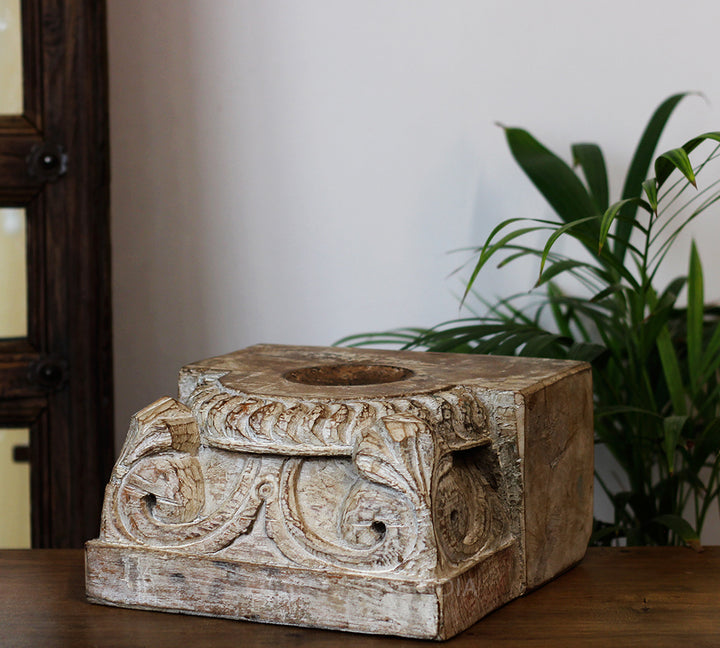 Vintage Teak Wood Haveli Pillar Base | Reclaimed Wooden Pedestal Stand