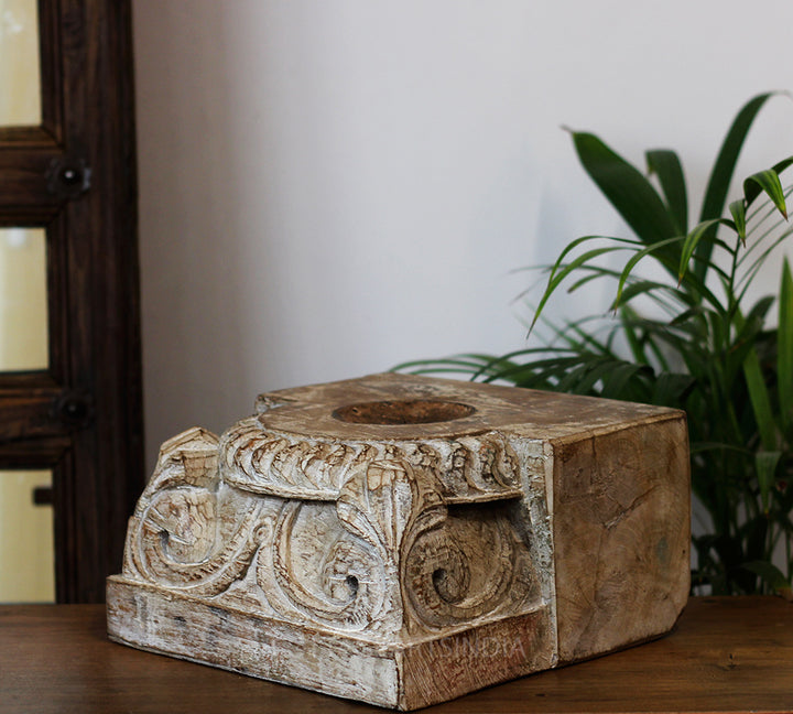 Vintage Teak Wood Haveli Pillar Base | Reclaimed Wooden Pedestal Stand