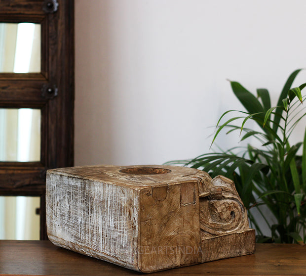 Vintage Teak Wood Haveli Pillar Base | Reclaimed Wooden Pedestal Stand