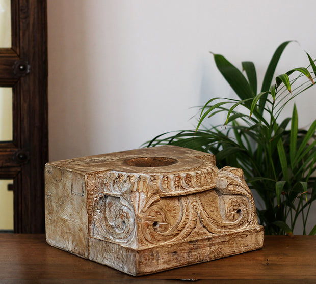 Vintage Teak Wood Haveli Pillar Base | Reclaimed Wooden Pedestal Stand