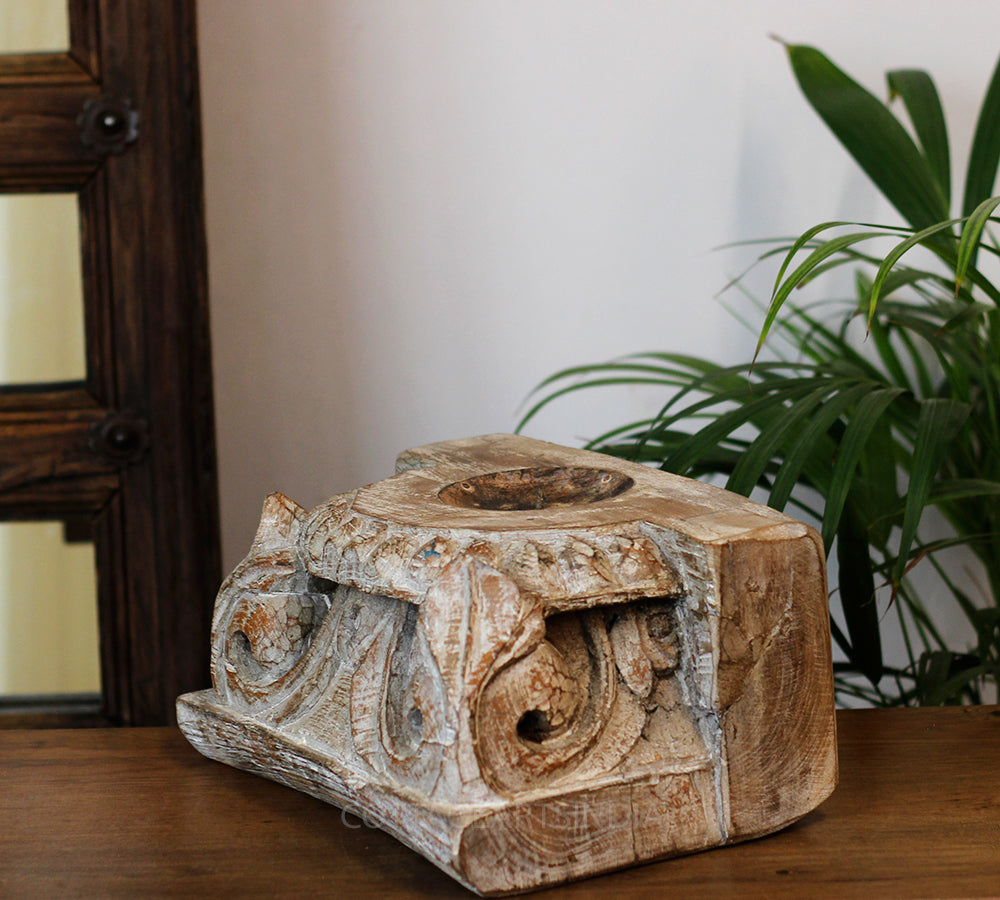 Vintage Teak Wood Haveli Pillar Base | Reclaimed Wooden Pedestal Stand