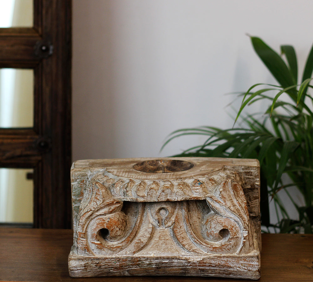 Vintage Teak Wood Haveli Pillar Base | Reclaimed Wooden Pedestal Stand
