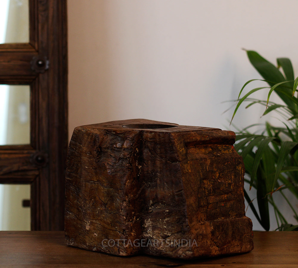 Vintage Teak Wood Haveli Pillar Base | Reclaimed Wooden Pedestal Stand