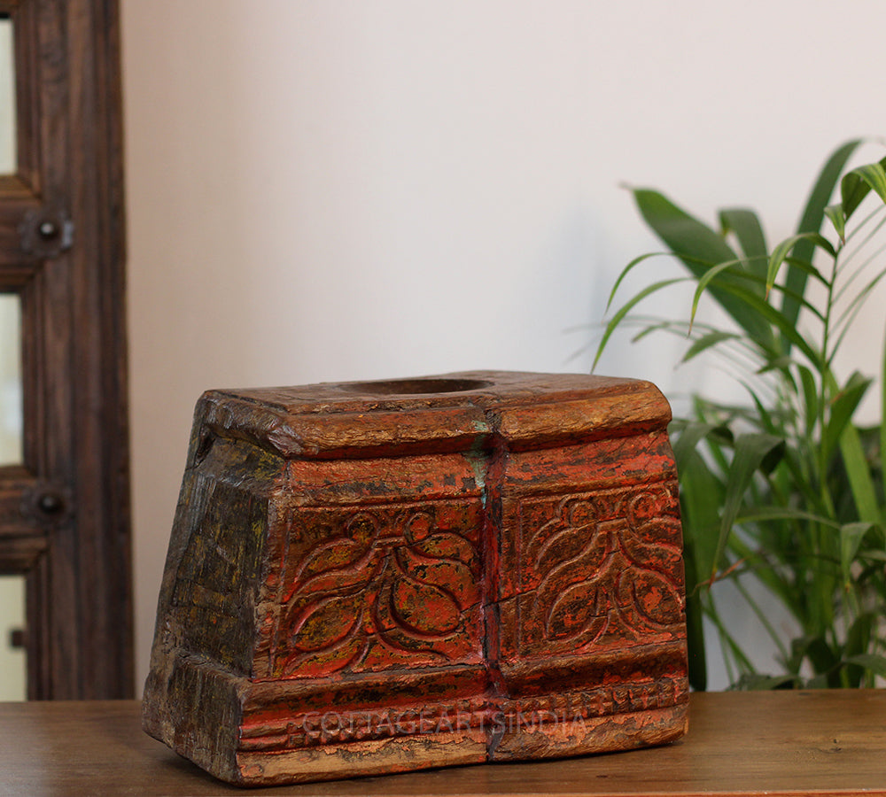 Vintage Teak Wood Haveli Pillar Base | Reclaimed Wooden Pedestal Stand