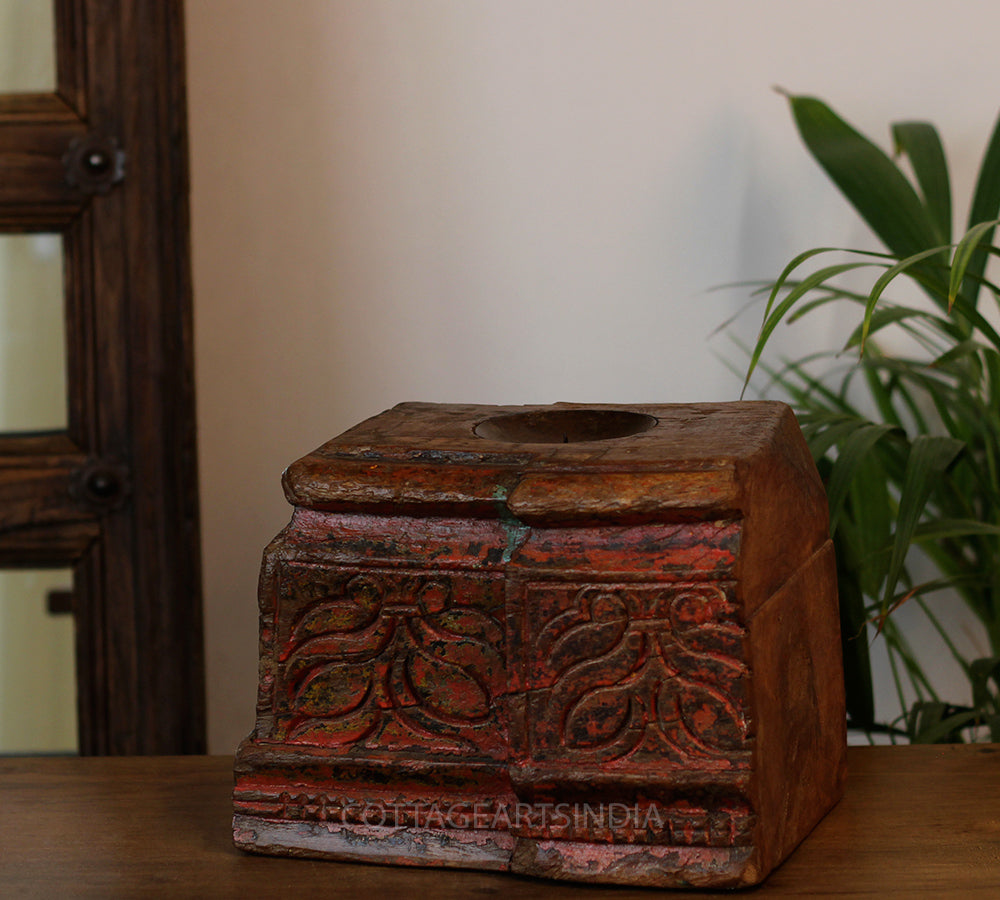 Vintage Teak Wood Haveli Pillar Base | Reclaimed Wooden Pedestal Stand