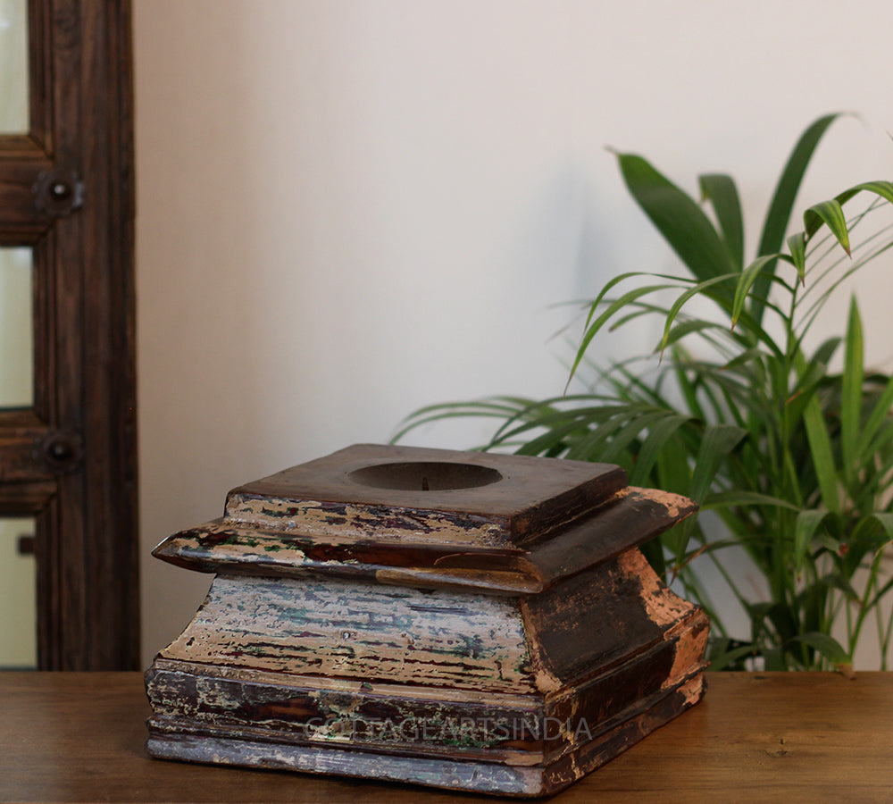 Vintage Teak Wood Haveli Pillar Base | Reclaimed Wooden Pedestal Stand