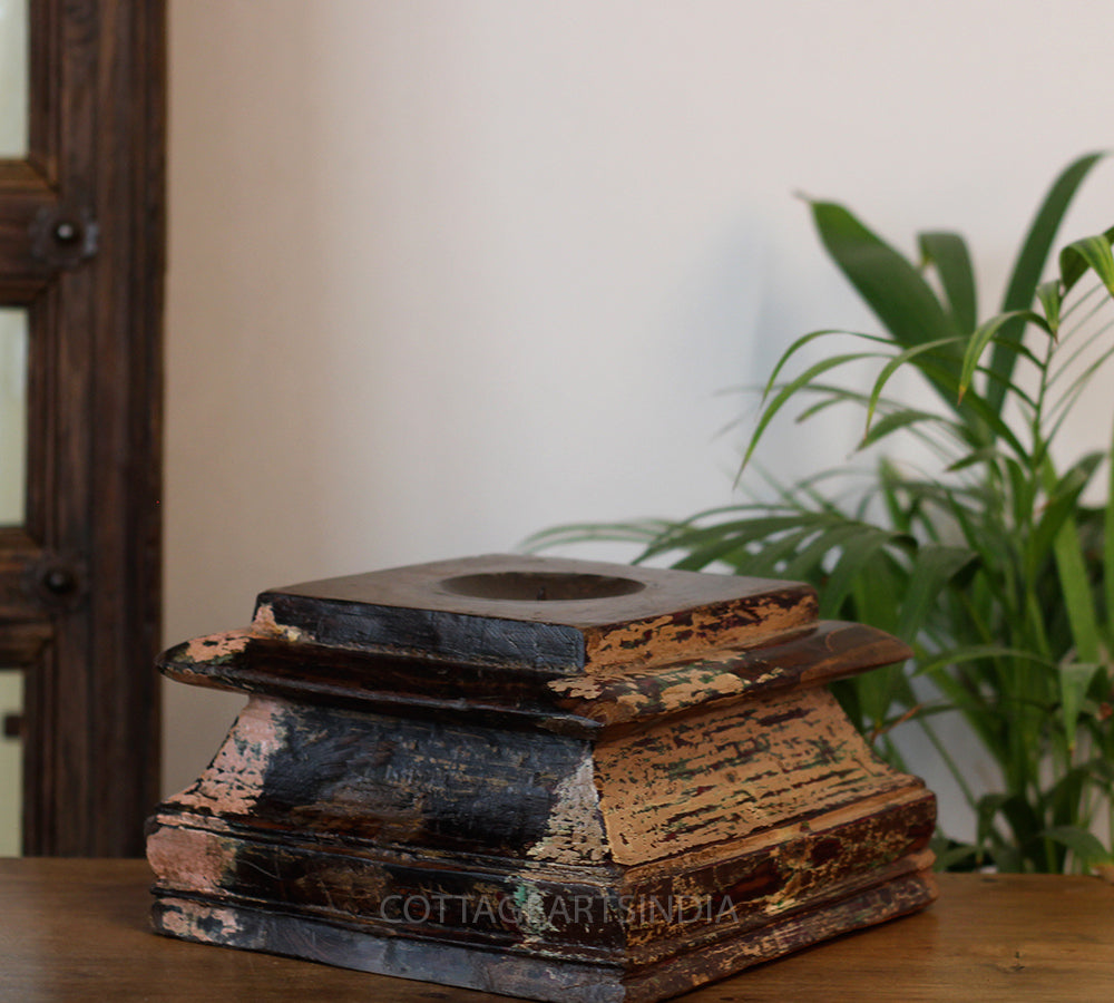 Vintage Teak Wood Haveli Pillar Base | Reclaimed Wooden Pedestal Stand