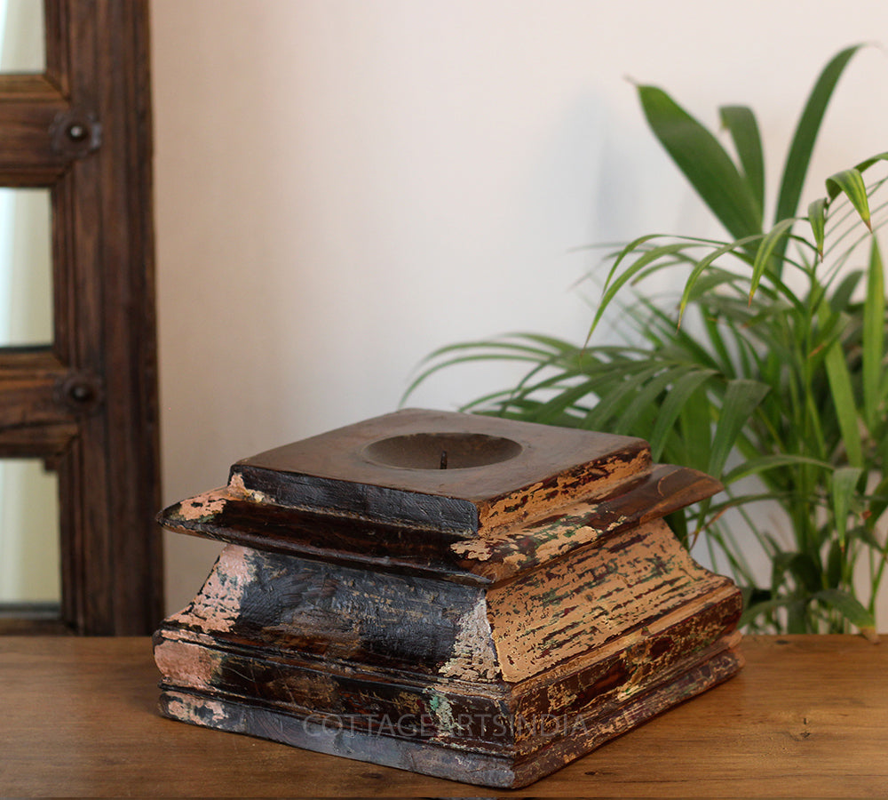 Vintage Teak Wood Haveli Pillar Base | Reclaimed Wooden Pedestal Stand