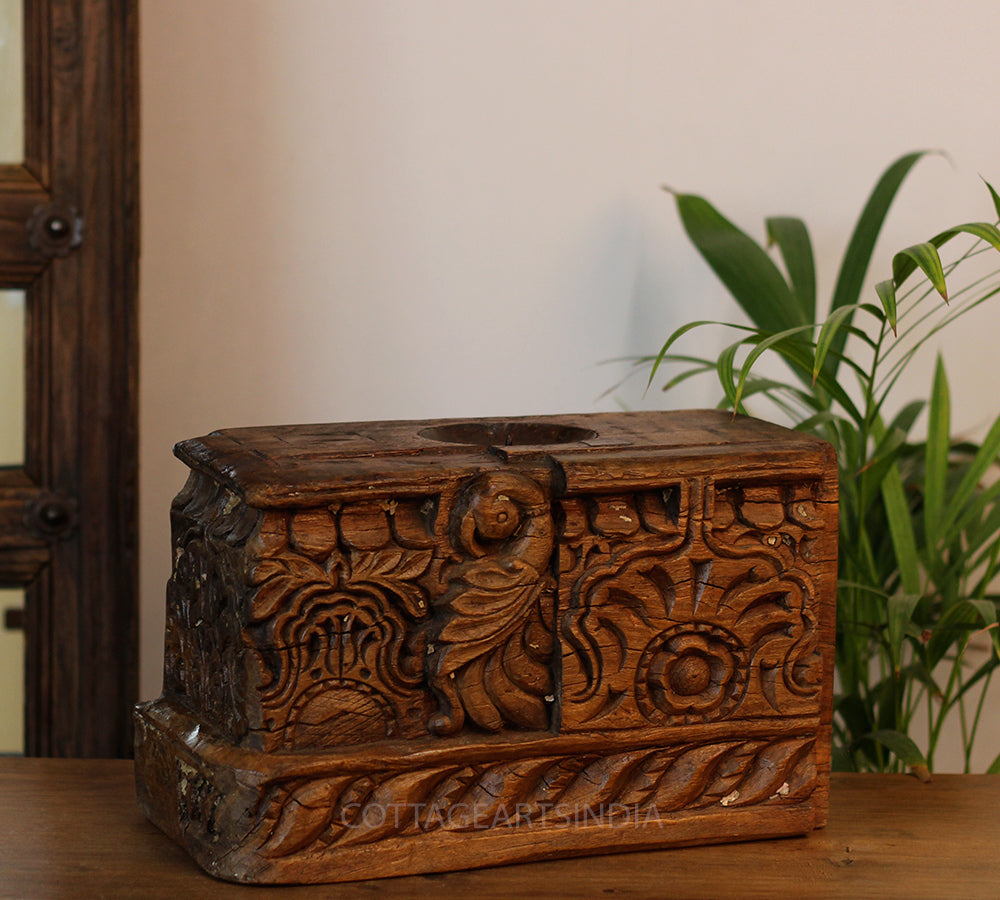 Vintage Teak Wood Haveli Pillar Base | Reclaimed Wooden Pedestal Stand
