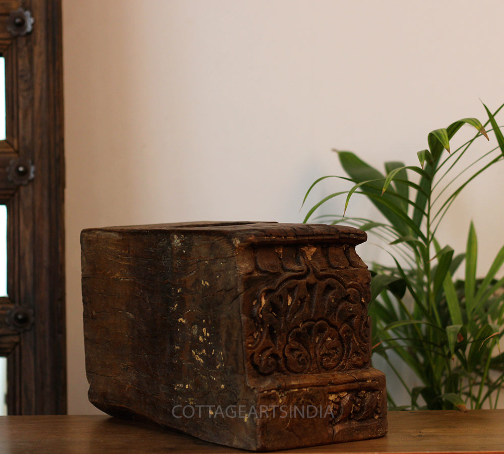 Vintage Teak Wood Haveli Pillar Base | Reclaimed Wooden Pedestal Stand