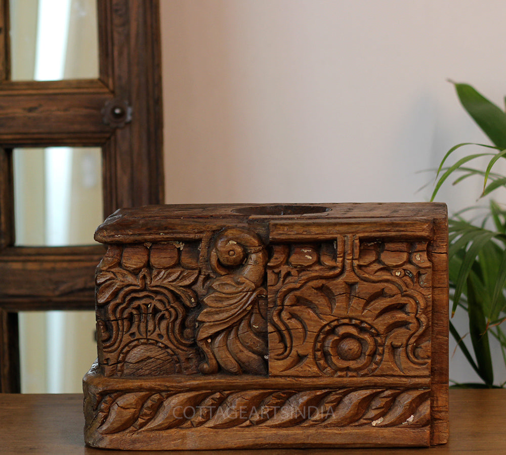 Vintage Teak Wood Haveli Pillar Base | Reclaimed Wooden Pedestal Stand