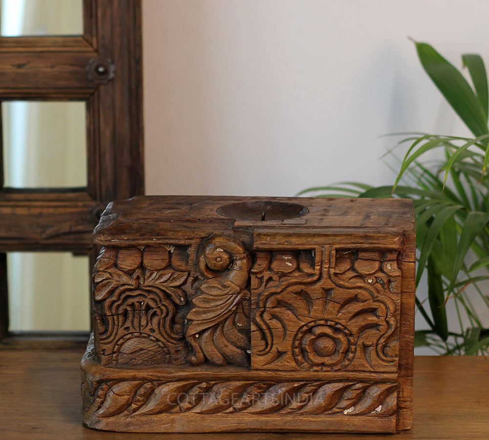 Vintage Teak Wood Haveli Pillar Base | Reclaimed Wooden Pedestal Stand