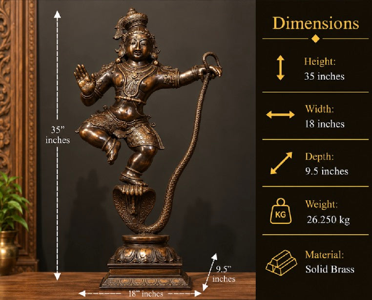Brass Krishna On Serpent - Kaliyadaman Posture 35"
