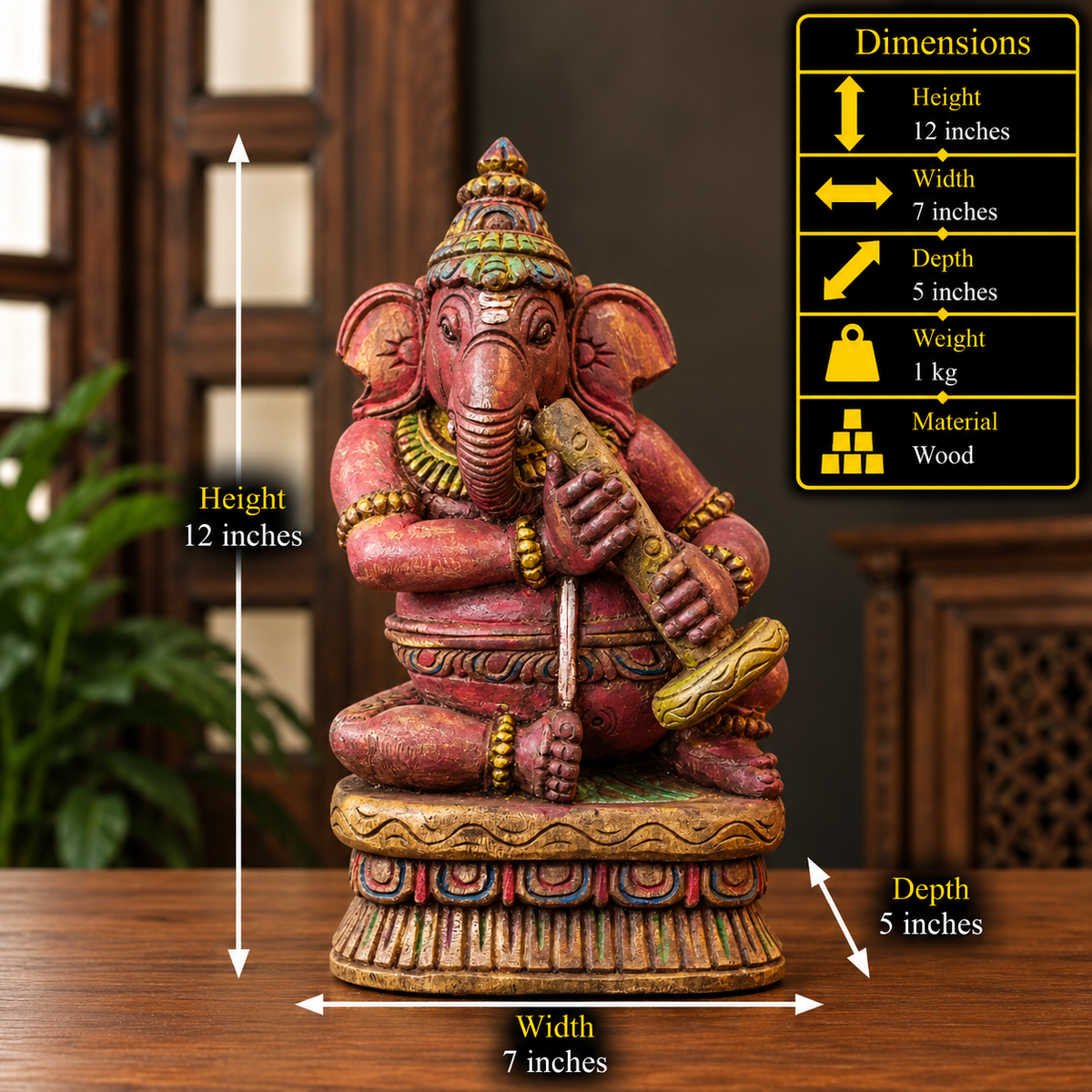 Handcrafted Sitting Wooden Ganesha Playing Shehnai