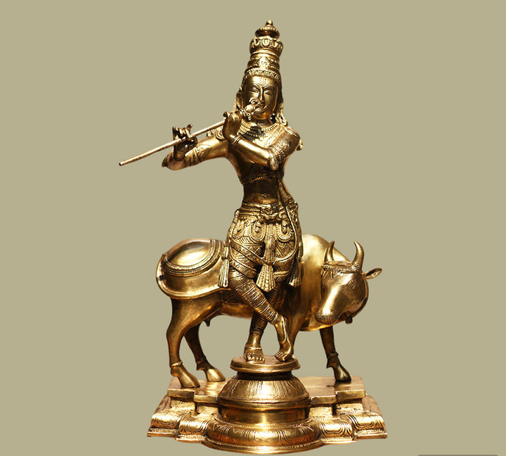 Idol of Brass krishna and Cow Statue 25.5"