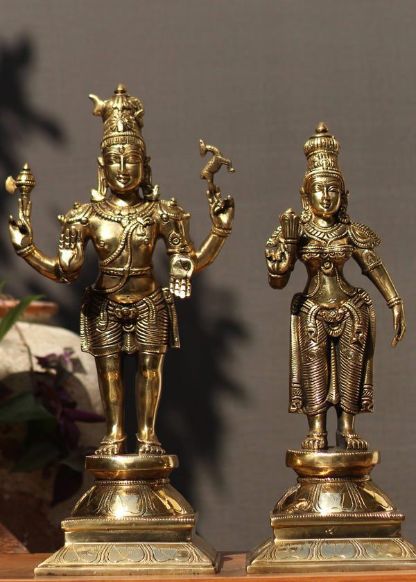 Brass Standing Shiva & Parvati Idol 18" Holding Axe and Deer