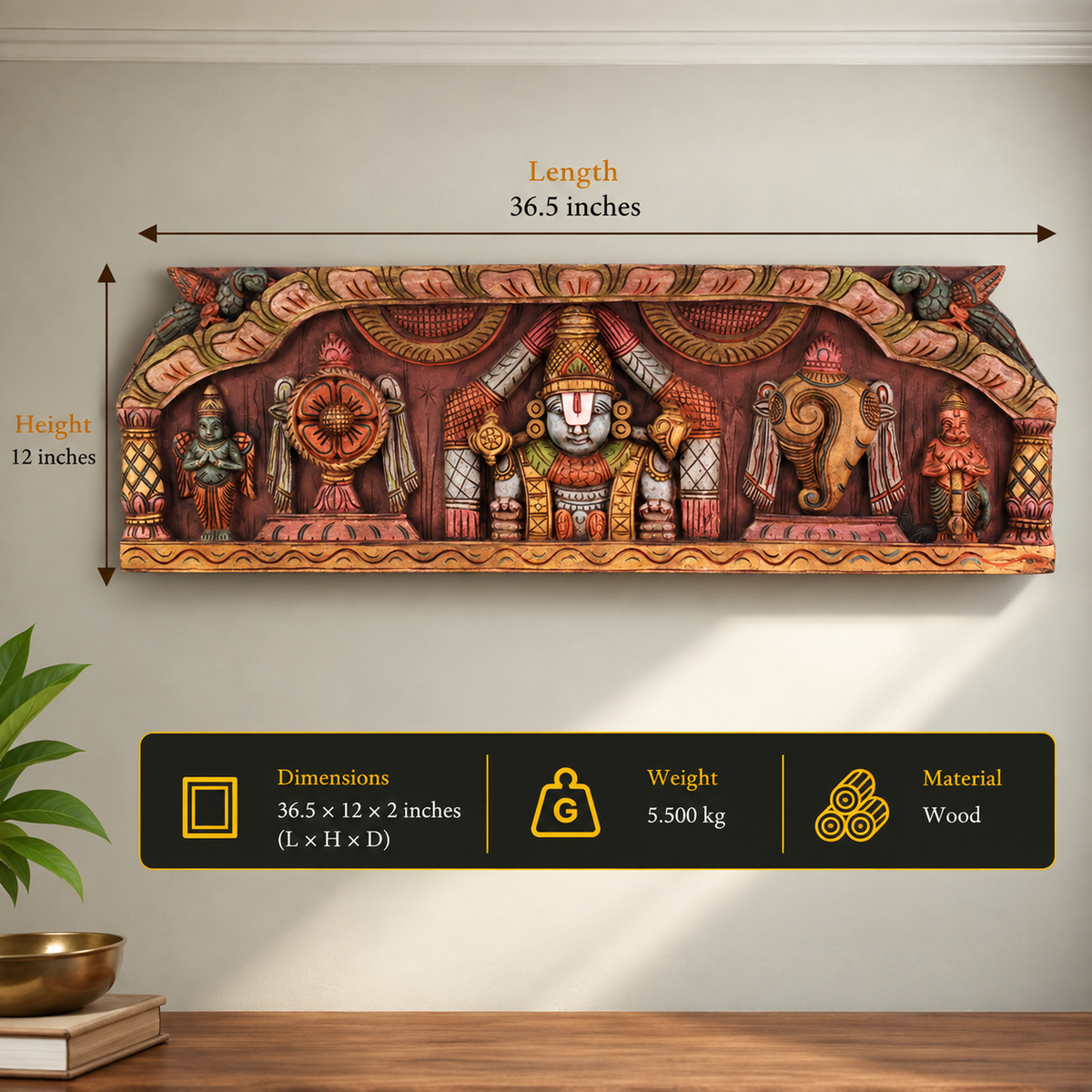 Wooden Hand Carved  Wall Panel Tirupati Balaji