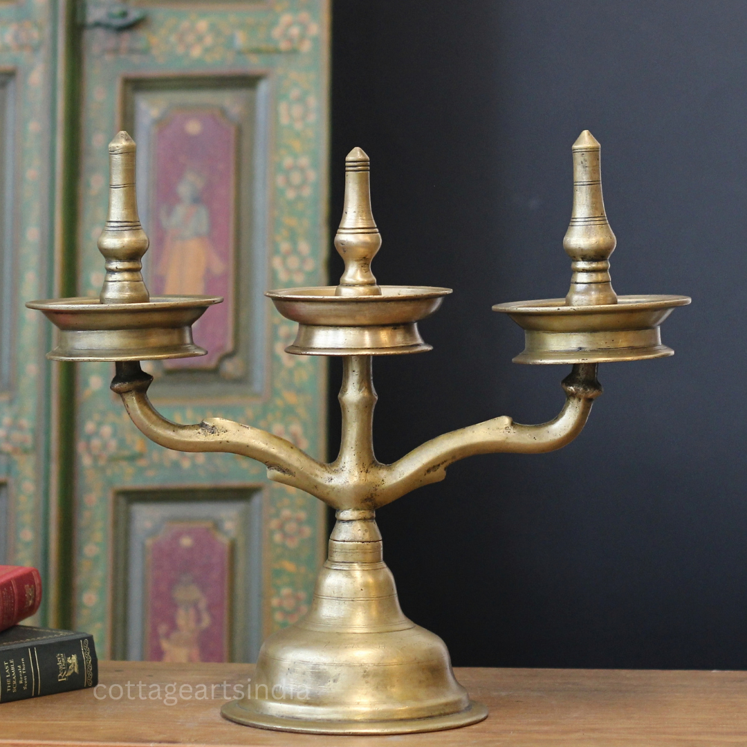 Brass Vintage Kavara Vilakku – 3 Branched Traditional Oil Lamp
