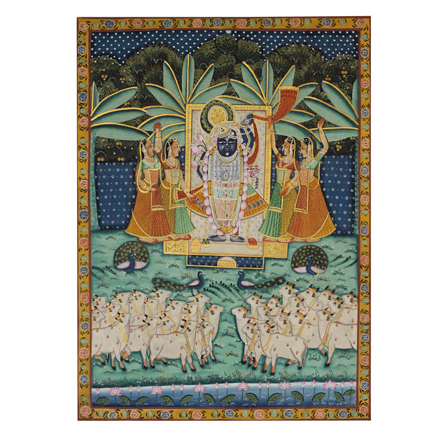 Hand-Painted Shrinathji Pichwai Painting | Krishna with Gopis & Sacred Cows