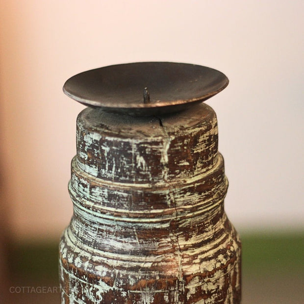Vintage Wooden Pillar Candle Holder | Rustic Handcrafted Heritage Décor