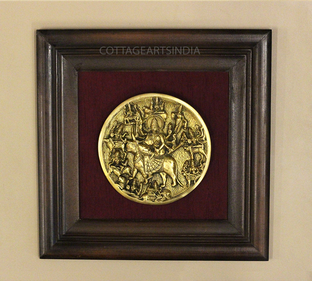 Brass Durga Plate In Wooden Frame