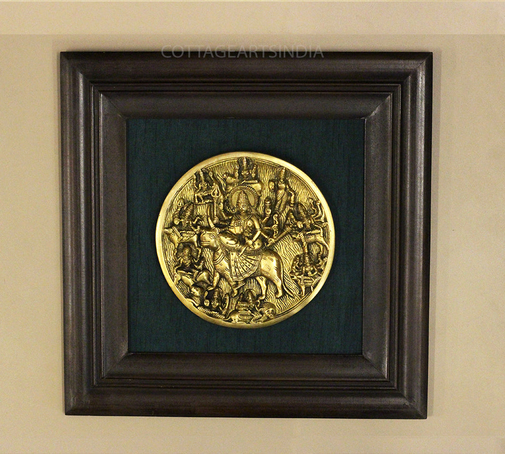 Brass Durga Plate In Wooden Frame