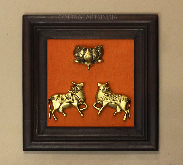 Brass Cow and Lotus In Wooden Frame