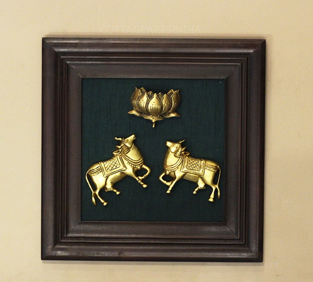 Brass Cow and Lotus In Wooden Frame