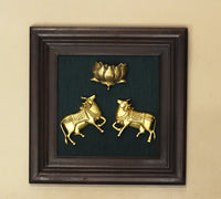 Brass Cow and Lotus In Wooden Frame