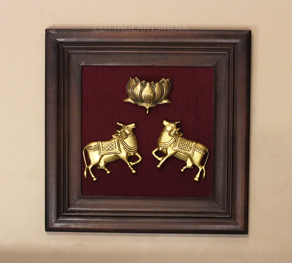 Brass Cow and Lotus In Wooden Frame