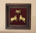 Brass Cow and Lotus In Wooden Frame
