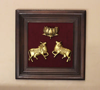 Brass Cow and Lotus In Wooden Frame