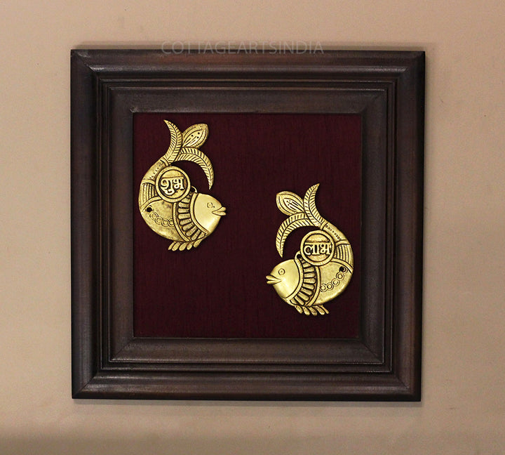 Brass Shubh Labh Fish Plate In Wooden Frame