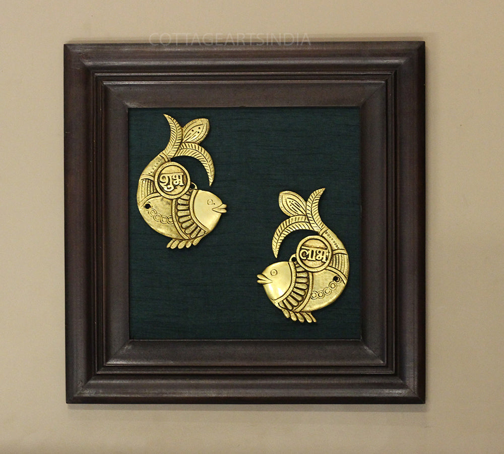 Brass Shubh Labh Fish Plate In Wooden Frame