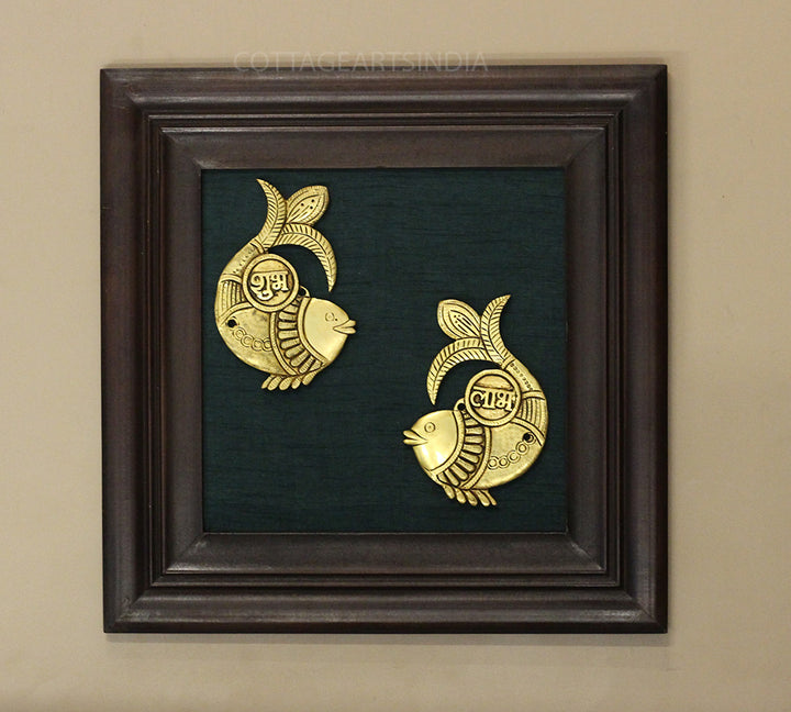 Brass Shubh Labh Fish Plate In Wooden Frame