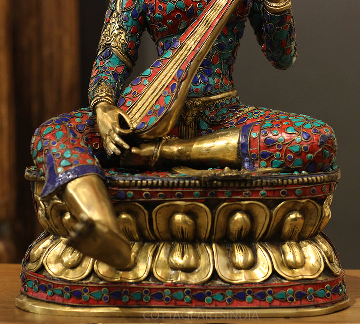 Brass Saraswati StoneInlay 22" -One Of Its Kind