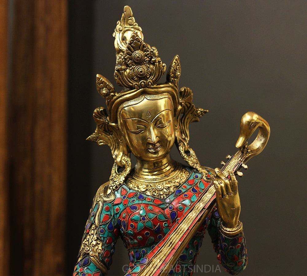 Brass Saraswati StoneInlay 22" -One Of Its Kind