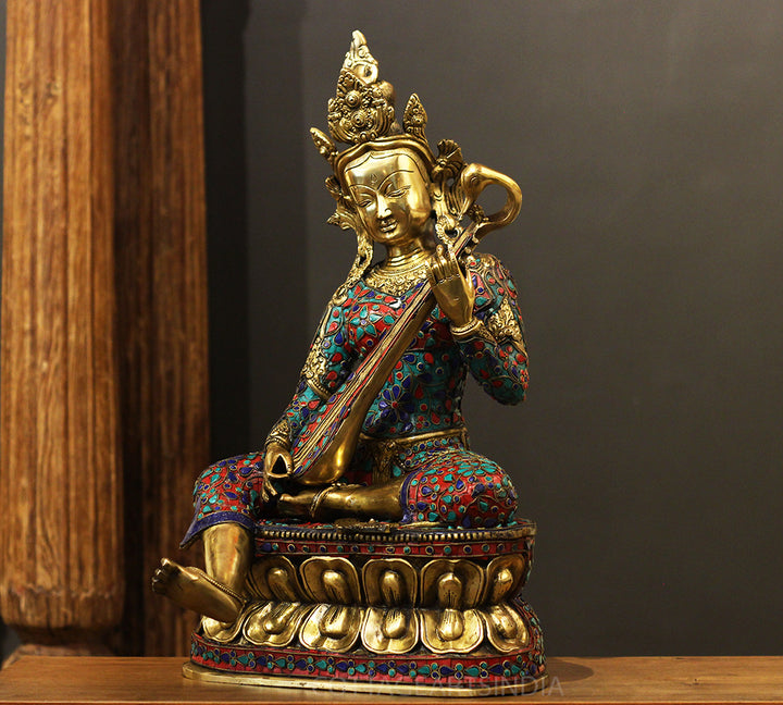 Brass Saraswati StoneInlay 22" -One Of Its Kind