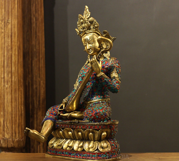 Brass Saraswati StoneInlay 22" -One Of Its Kind