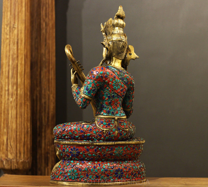 Brass Saraswati StoneInlay 22" -One Of Its Kind