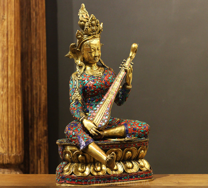 Brass Saraswati StoneInlay 22" -One Of Its Kind