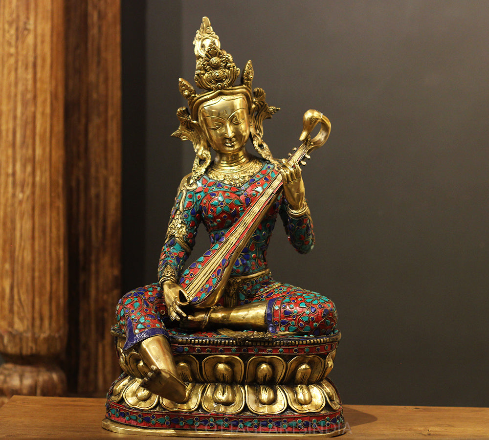 Brass Saraswati StoneInlay 22" -One Of Its Kind
