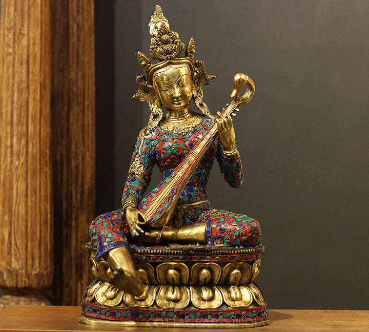 Brass Saraswati StoneInlay 22" -One Of Its Kind